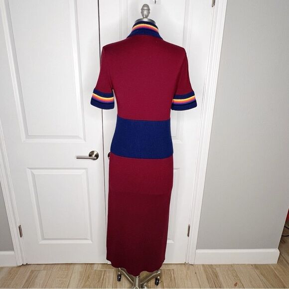$1250 Marina Moscone Cycling Wool Dress Turtleneck Sweater M Red Burgundy Blue - Picture 7 of 12